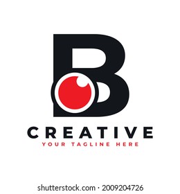 Letra B del logotipo ocular abstracta. Letra inicial de la forma negra B con el globo ocular rojo dentro. Uso para Logos de Negocios y Tecnología. Elemento de plantilla Ideas de diseño de logotipo de vectores planos