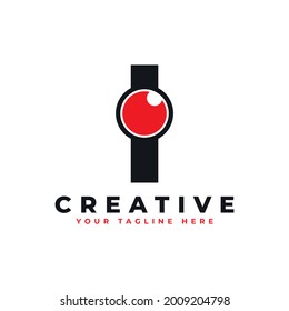 Abstract Eye Logo Letter I. Black Shape I Initial Letter with Red Eyeball inside. Use for Business and Technology Logos. Flat Vector Logo Design Ideas Template Element