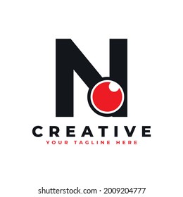 Abstract Eye Logo Letter N. Black Shape N Initial Letter with Red Eyeball inside. Use for Business and Technology Logos. Flat Vector Logo Design Ideas Template Element