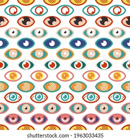 Abstract eye pattern. Color eyes, occult geometric seamless texture. Contemporary bright vision print, medical ophthalmology vector background
