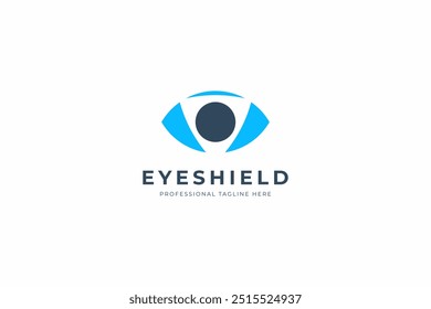 Abstract Eye Protection Logo. Blue Linear Geometric Eye With Shield Isolated On White Background. Flat Vector Logo Design Template Element Usable For Business, Technology And Branding Logos.