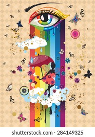 Abstract eye in rainbow colors and fairy silhouette with red umbrella.