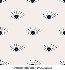 Abstract eye seamless pattern. The eye of hamsa on a white background. Fashion vector illustration. Magical design of poster, fabric, wallpaper.