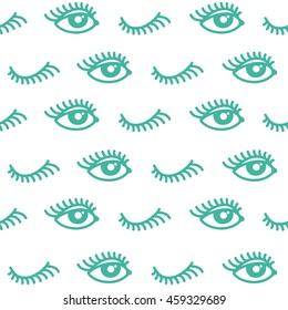 Abstract eye seamless pattern. Hand drawn print of open and close eyes. Vector Illustration