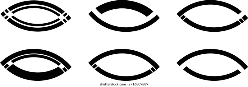 Abstract Eye Shape Geometric Logo Icons and Minimalist Almond Curved Design Elements Set. Six Minimalist Black and White Icons. Vision Health Logos, and Modern Creative Graphic Design Symbols
