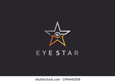 Abstract Eye and Star Logo Line. Silver and Gold Five Star with Eyeball Combination isolated on Black Background. Flat Vector Logo Design Template Element for Business and Technology Logos.
