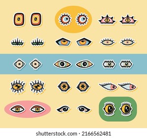 Abstract Eye Sticker Colorful Set. Various Strange Evil and Funny, Comic and Bizarre Eyes Different Shapes in Trendy Psychedelic Weird Cartoon Style Sticky Label Collection. Vector illustration.