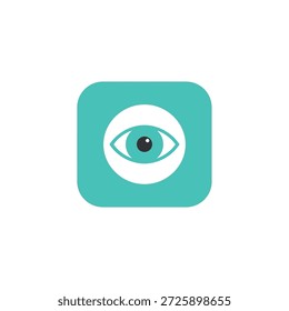 Símbolo de ojo Abstractas dentro del círculo sobre fondo cuadrado redondeado verde azulado. Diseño gráfico de observación o servicio de seguridad.