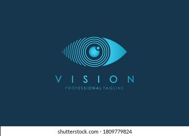Abstract Eye Vision Logo. Blue Linear Geometric with Arrow Shape isolated on Blue Background. Usable for Business and Technology Logos. Flat Vector Logo Design Template Element