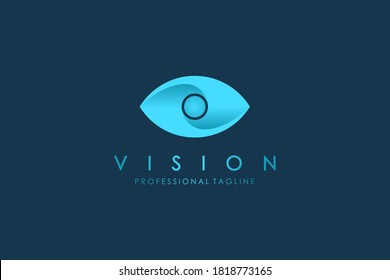 Abstract Eye Vision Logo. Blue Motion Geometric Shape Infinity with Circle Eyeball inside isolated on Blue Background. Use for Business and Technology Logos. Flat Vector Logo Design Template Element