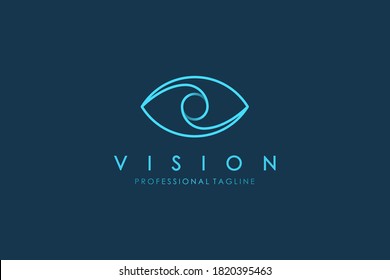 Abstract Eye Vision Logo. Blue Line Geometric Shape Infinity with Circle Eyeball inside isolated on Blue Background. Use for Business and Technology Logos. Flat Vector Logo Design Template Element