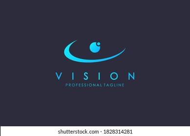 Abstract Eye Vision Logo. Blue Linear Geometric Arrow Shape with Eyeball inside isolated on Blue Background. Usable for Business and Technology Logos. Flat Vector Logo Design Template Element.