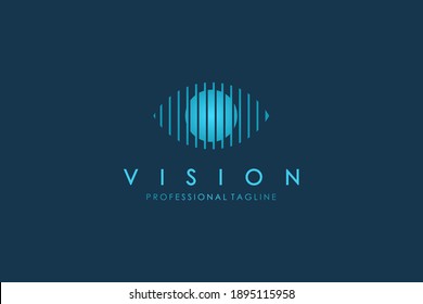 Abstract Eye Vision Logo. Blue Geometric Striped Lines Eye Icon with Eyeball inside isolated on Blue Background. Usable for Business and Technology Logos. Flat Vector Logo Design Template Element