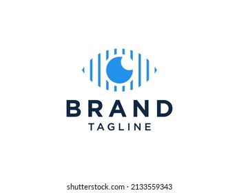 Abstract Eye Vision Logo. Blue Geometric Striped Lines Eye Icon with Eyeball inside isolated on White Background. Usable for Business and Technology Logos. Flat Vector Logo Design Template Element