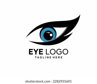 Resumen del logotipo de Visión Ocular. Geométrico lineal azul con forma de flecha aislada en fondo azul. Usable para Logos de Negocios y Tecnología. Elemento de plantilla de diseño de logotipo de vectores planos