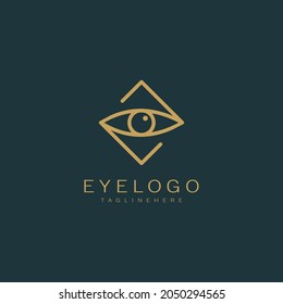 Abstract Eye Vision Logo. Gold Linear Geometric isolated on Dark Green Background. Usable for Business and Technology Logos. Flat Vector Logo Design Template Element.