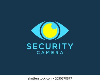 Abstract Eye Vision Logo. Light Blue Geometric Shape with Yellow Eyeball inside isolated on Blue Background. Usable for Business and Technology Logos. Flat Vector Logo Design Template Element.