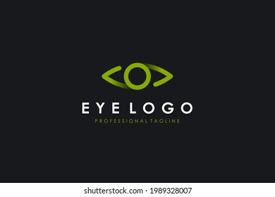 Resumen de la línea del logotipo de Visión Ocular. Forma Geométrica Verde Infinito con Eisbol Círculo dentro aislado en Fondo Oscuro. Uso para Logos de Negocios y Tecnología. Elemento de plantilla de diseño de logotipo de vectores planos.