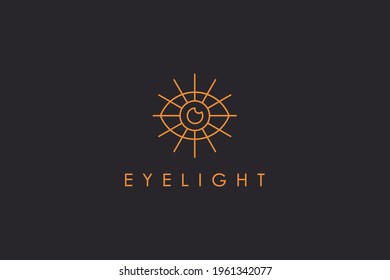 Abstract Eye Vision Logo. Monoline Vintage Eye with Geometric Radial Rays of Sunburst  isolated on Black Background. Usable for Business and Branding Logos. Flat Vector Logo Design Template Element.