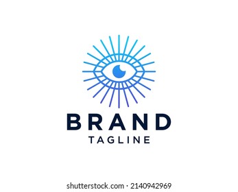 Abstract Eye Vision Logo. Monoline Blue Eye with Geometric Radial Rays of Sunburst isolated on White Background. Usable for Business and Branding Logos. Flat Vector Logo Design Template Element.