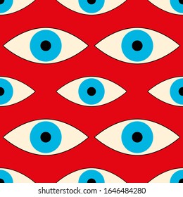 Abstract eyes background on red, seamless pattern, vector