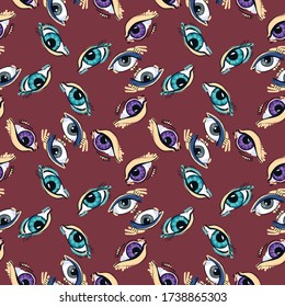 Ojos abstractos desde diferentes ángulos. Patrón sin foco. En el estilo dibujado a mano. Diseño de tejidos elegantes, papel, textiles, moda, embalaje. Gráficos lineales vectoriales.