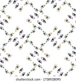 Ojos abstractos desde diferentes ángulos. Patrón sin foco. En el estilo dibujado a mano. Diseño de tejidos elegantes, papel, textiles, moda, embalaje. Gráficos lineales vectoriales.