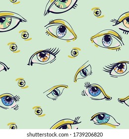 Abstract eyes from different angles. Seamless pattern. In the style of hand drawn. Design for stylish fabrics, paper, textile, fashion, packaging. Vector linear graphics.