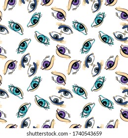 Abstract eyes from different angles. Seamless pattern. In the style of hand drawn. Vector linear graphics.