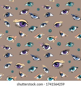 Abstract eyes from different angles. Seamless pattern. In the style of hand drawn. Design for stylish fabrics, paper, textile, fashion, packaging. Vector linear graphics.