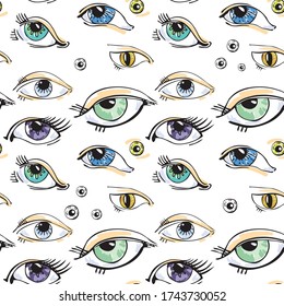 Abstract eyes from different angles. Seamless pattern. In the style of hand drawn. Design for stylish fabrics, paper, textile, fashion, packaging. Vector linear graphics.