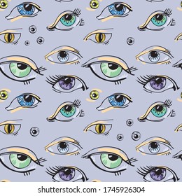 Abstract eyes from different angles. Seamless pattern. In the style of hand drawn. Design for stylish fabrics, paper, textile, fashion, packaging. Vector linear graphics.