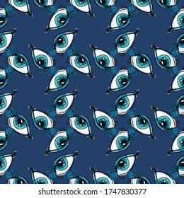 Abstrakte Augen aus verschiedenen Blickwinkeln. Nahtloses Muster. Im Stil der handgezeichnet. Design für stilvolle Stoffe, Papier, Textilien, Mode, Verpackung. Lineare Vektorgrafik.