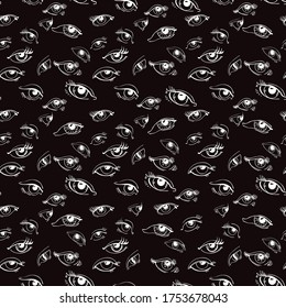 Abstract eyes from different angles. Seamless pattern. In the style of hand drawn. Design for stylish fabrics, paper, textile, fashion, packaging. Vector linear graphics.