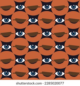 Abstract Eyes Geometric Cartoon Eyes Seamless Pattern Vintage Open Close Eyes Dots Trendy Fashion Design Hand Drawn Style Amber Brown Background