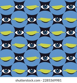 Abstract Eyes Geometric Cartoon Eyes Seamless Pattern Vintage Open Close Eyes Dots Trendy Fashion Design Hand Drawn Style Blue Green Tones