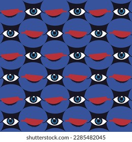 Abstract Eyes Geometric Cartoon Eyes Seamless Pattern Vintage Open Close Eyes Dots Trendy Fashion Design Hand Drawn Style Royal Blue Red Black Tones