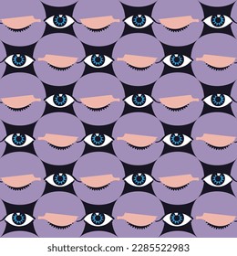 Abstract Eyes Geometric Cartoon Eyes Seamless Pattern Vintage Open Close Eyes Dots Trendy Fashion Design Hand Drawn Style Lilac Background