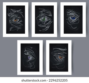 Abstract eyes gloomy sight wall art print. Set, bundle. Contemporary decorative background with sight. Wall artwork for interior design. Printable minimal abstract eyes poster.