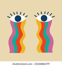 Abstract eyes, with a heart, with a rainbow. Signs, symbols of the 80s, 90s. A color vector illustration isolated on a white background