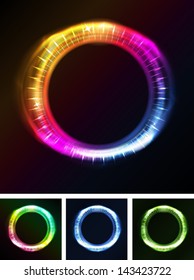 Ojos Abstractas Iris o luz de neón/Ilustración de un conjunto de ojos abstractos iris con círculos de luz de neón sobre fondo negro, o también se puede pensar en un eclipse solar