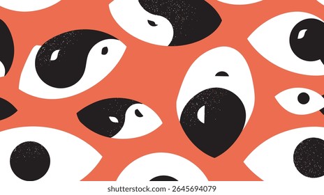 Olhos abstratos observam dentro de padrões geométricos em fundo vívido.