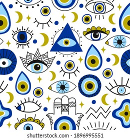 Abstract eyes pattern. Evil hand drawn turkish eyes trendy backdrop. Contemporary magical eye talisman seamless vector pattern. Magical amulets and spiritual symbols with moon and star