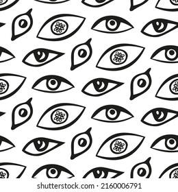 Abstract eyes print. Modern witchcraft seamless texture. Black and white magic doodle with all-seeing divine gaze. Hand drawn secret esoteric symbol. Pattern for creating talismans from the evil eye.