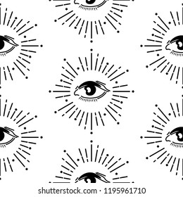 Abstract eyes seamless pattern for textile and fabric. Black and white vector pattern, eyes and lines, boho style illustration for print, textile, design