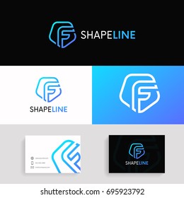 Abstract F letter linear logo company icon shield sign vector design with brand business card.
