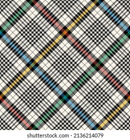 Abstract fabric check pattern tweed. Seamless asymmetric diagonal multicolored dog tooth tartan plaid for spring autumn winter jacket, skirt, scarf, blanket, other modern fashion textile print.