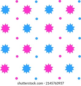 Abstract fabric pattern background vector with a pattern of 10 stars or pink-cyan explosion sparks and pink-cyan dots.