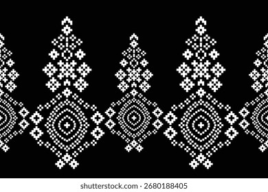 Padrão de tecido abstrato motivo étnico tradicional ikat geométrica bordado cross stitch.Ikat Étnico oriental Pixel preto decoração de fundo.