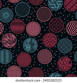 Abstract fabric print geometric endless pattern. Circle shapes with fantasy abstractions inside. Japanese motives in circles. Mottled texture background. Toy packaging design.